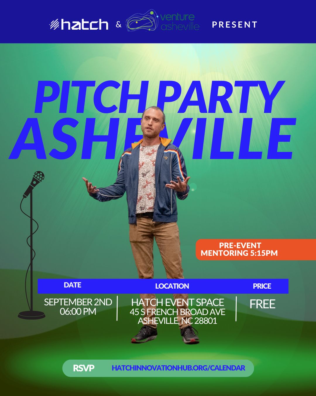 Infographic: Pitch Party Asheville at Hatch Coworking Event Space, September 2nd.