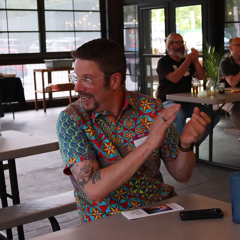 Scott's reaction when he was voted the 'winner.' at Pitch Party Sylva, July 17, 2025.