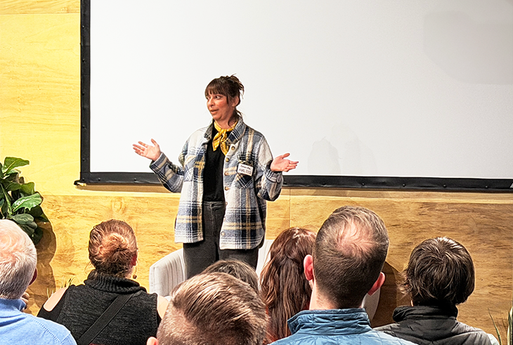 Amanda Wiled of ReMix it on stage at PItchgiving 2025, Asheville