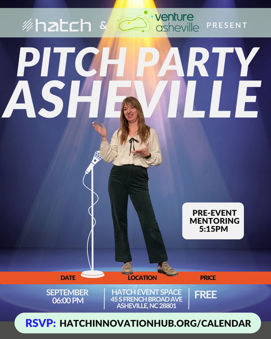 PItch Party Asheville Event Graphic with entrepreneur on stage with microphone