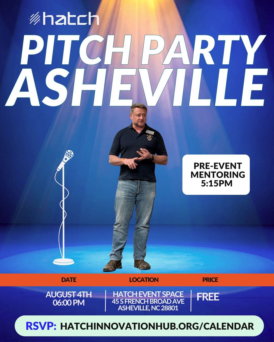 PItch Party Asheville Event Graphic with entrepreneur on stage with microphone