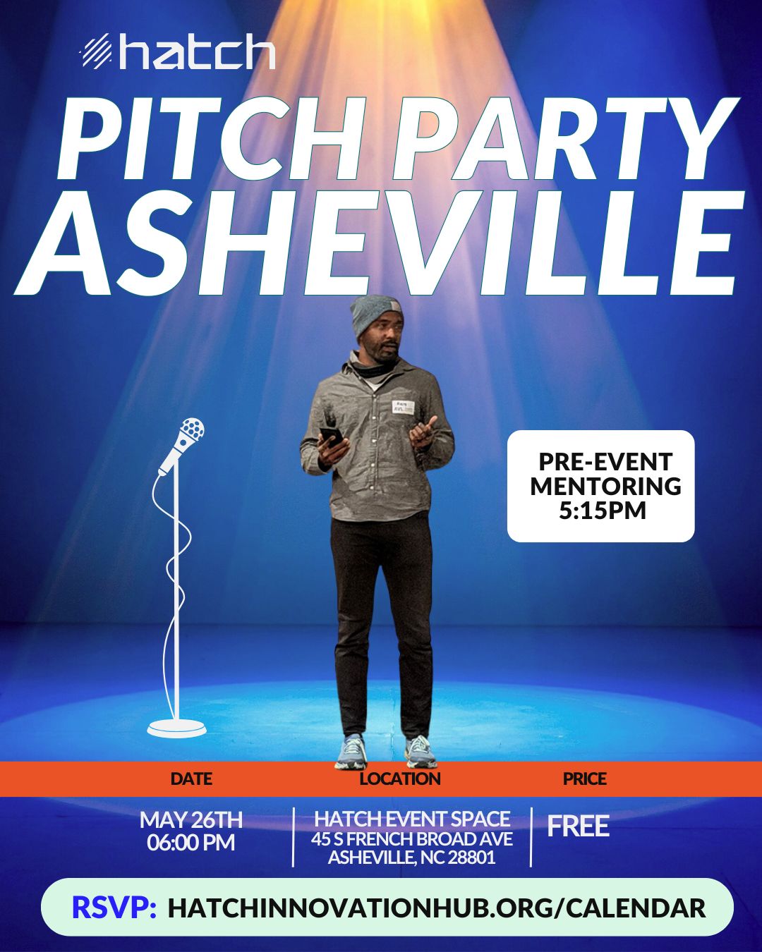 PItch Party Asheville Event Graphic with entrepreneur on stage with microphone