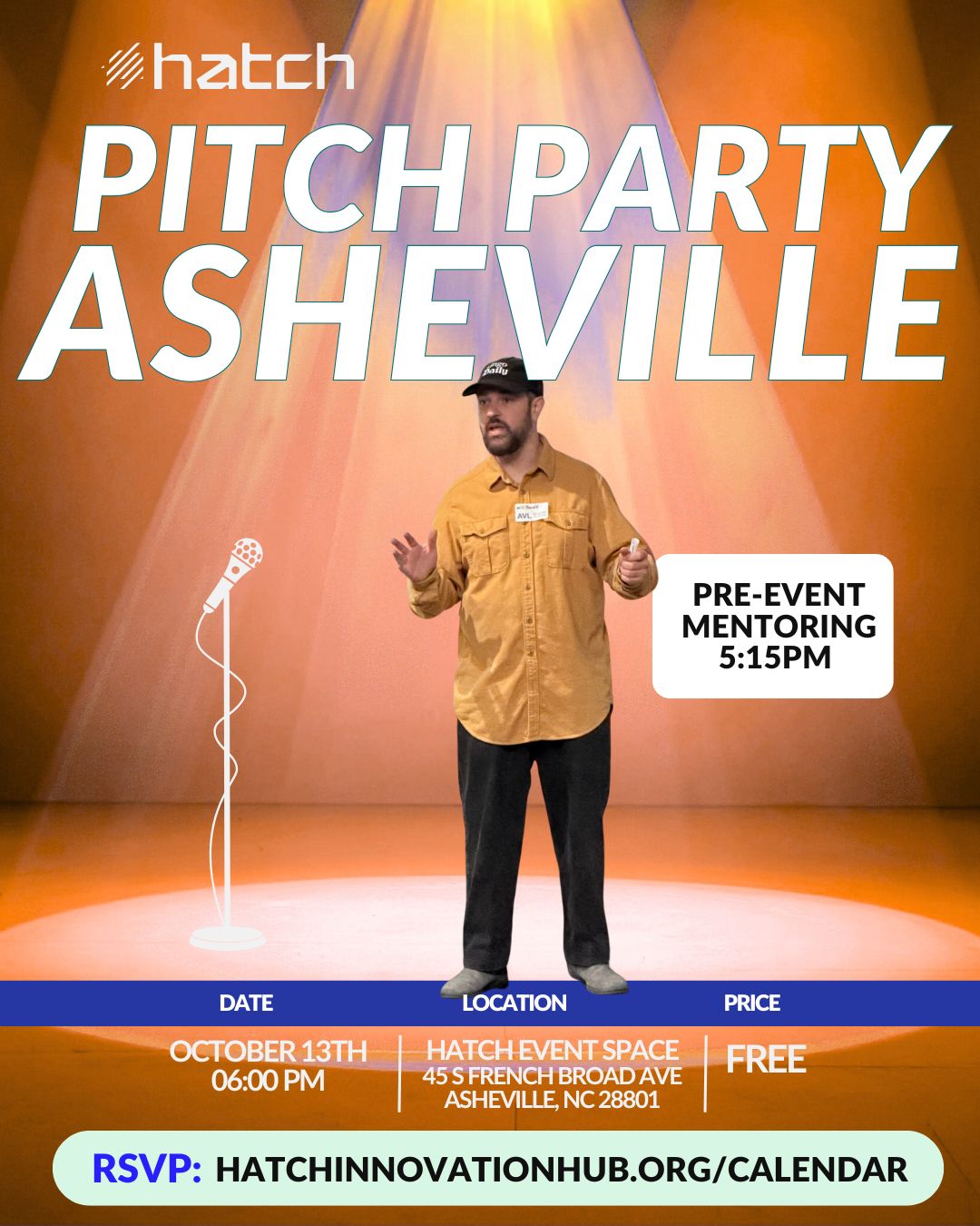 PItch Party Asheville Event Graphic with entrepreneur on stage with microphone