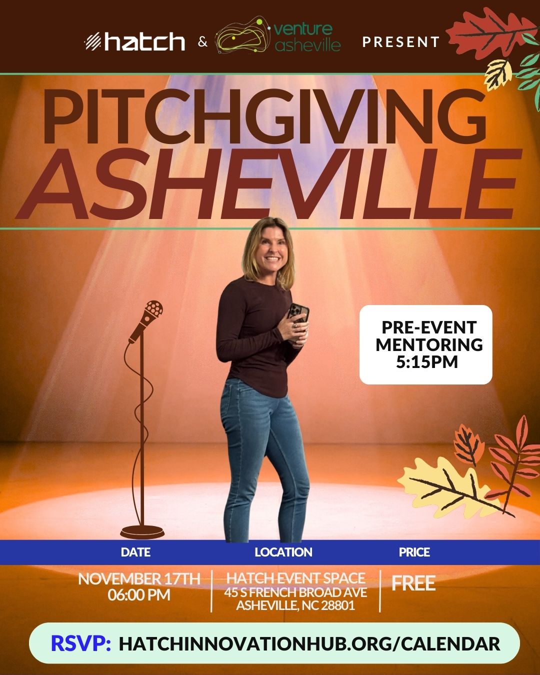 PItchgiving Asheville Fall leaves themed Event Graphic with entrepreneur on stage with microphone