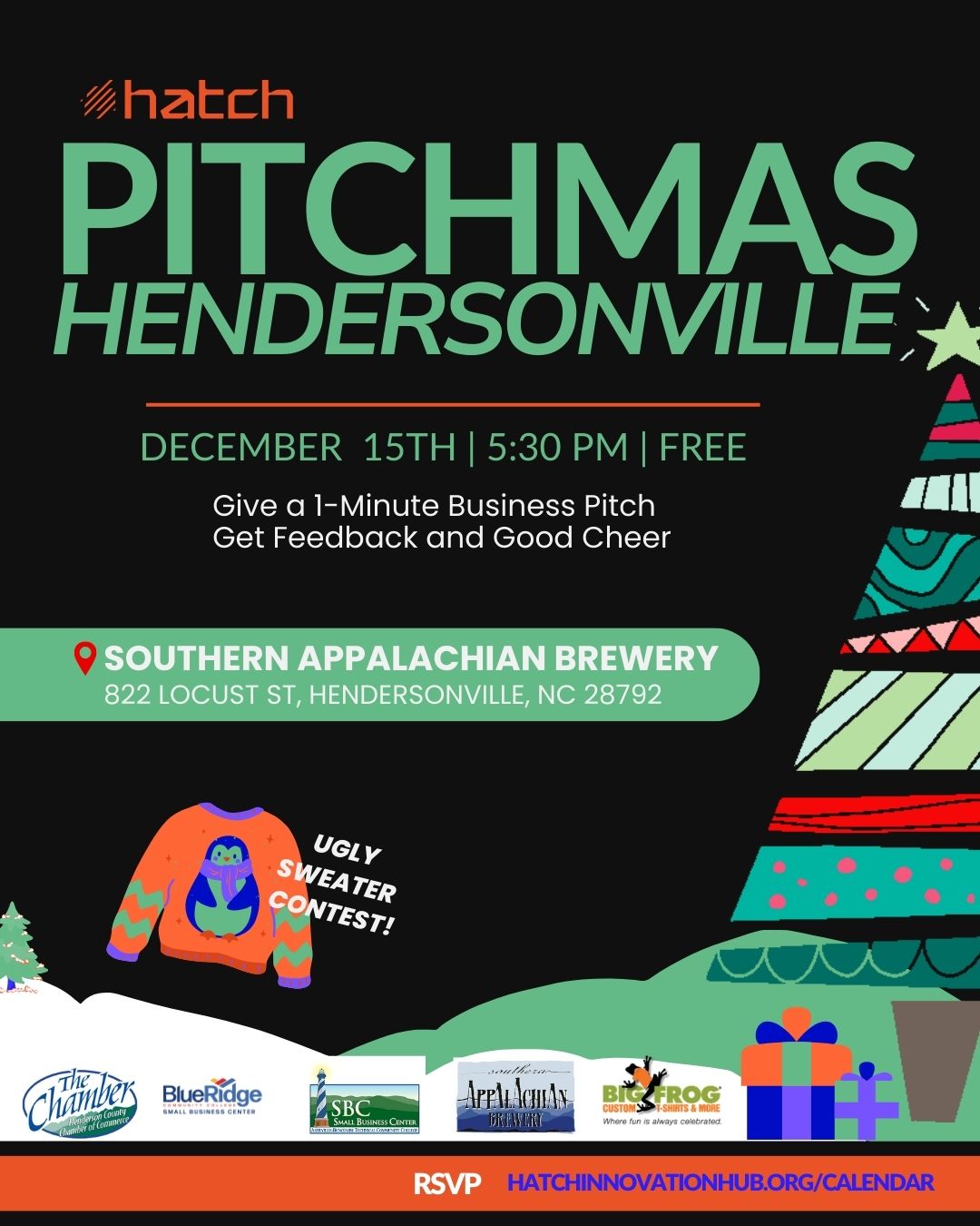 Pitchmas Hendersonville Holiday themed with CHristmas tree and ugly sweater, event graphic for December 2026